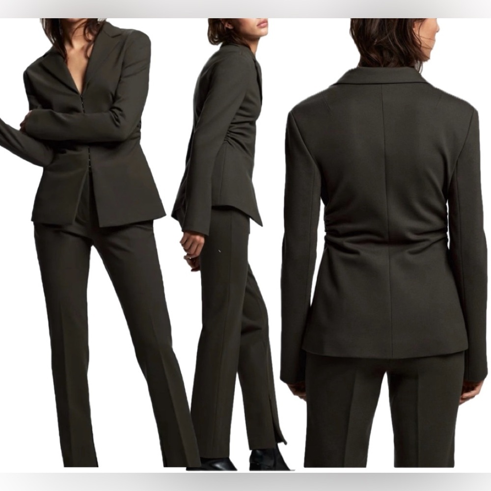 Zara women olive khaki green ruched blazer jacket hook eye closure Sz XL NWOT